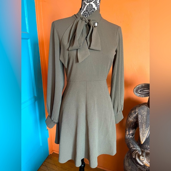 TIBI Olive Green Bow Tie Neck Dress - Picture 2 of 9